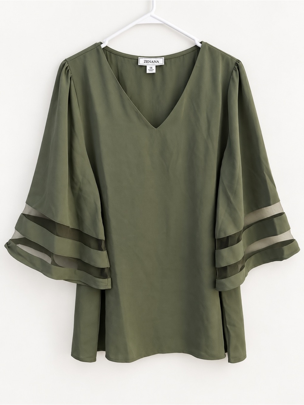 ZENANA Olive Green V-Neck Sheer Bell Sleeve Blouse